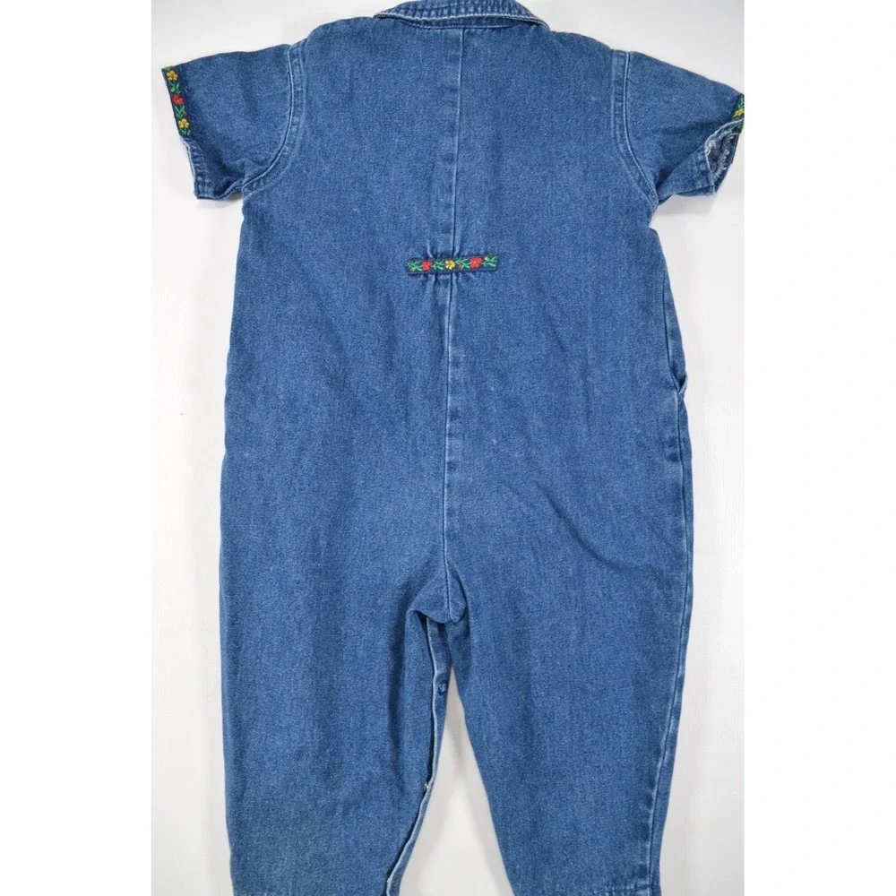 Vintage Pattiwack Blue Jean Denim Coverall Snap Legs Girls‎ Size 18M Flower Trim